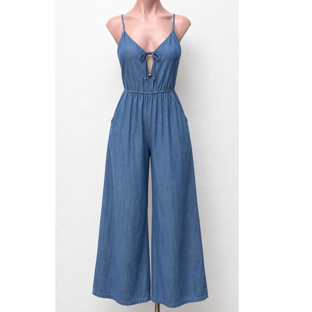 Lovestitch Medium Wash Blue Wide Leg Spaghetti Strap V Neck Front Tie Jumpsuit S